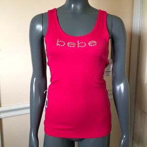 BEBE Rhinestone LOGO ribbed tank top pink